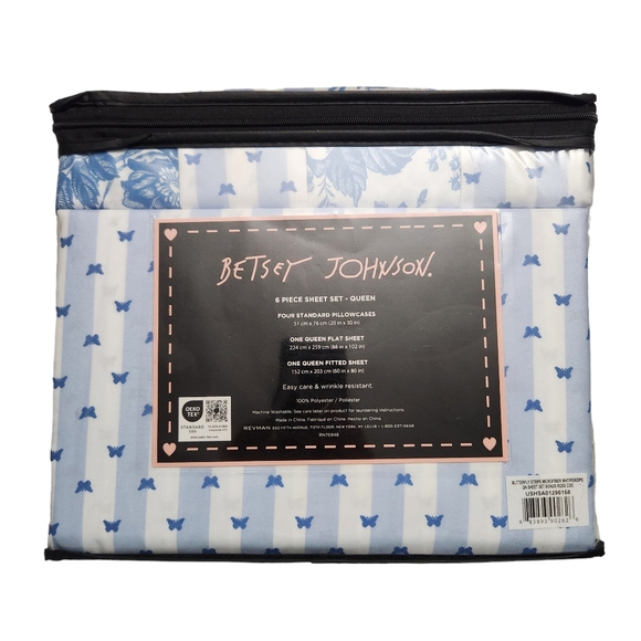 Betsey Johnson 6pc Queen Sheet Set White Blue Butterfly Stripe Floral Chic - Picture 2 of 6